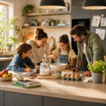 Une famille prépare un gâteau dans une cuisine moderne et lumineuse. Les parents accompagnent leurs enfants qui cuisinent ensemble autour d'un îlot central, illustrant les moments de partage et d'apprentissage à la maison.